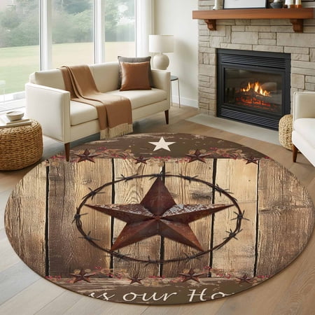 Non-Slip Rug Pad Rugs Western Star Farm Texas Round Area Rugs 8Ft Soft Carpet Pads for Living Room Kids Room Vintage Brown Wood Board