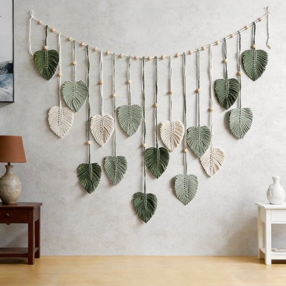 Large Macrame Wall Hanging, 47x29 Inch Boho Woven Tapestry with Green Leaf Feather, Modern Bohemian Chic Wall Art for Bedroom Living Room
