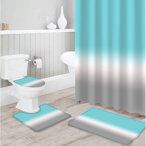 4PCS Teal Grey Ombre Shower Curtain Set with Rugs, Toilet Lid Cover and Bath Mat, Gradient Color Shower Curtain with 12 Hooks, Durable Bathroom Decor Set