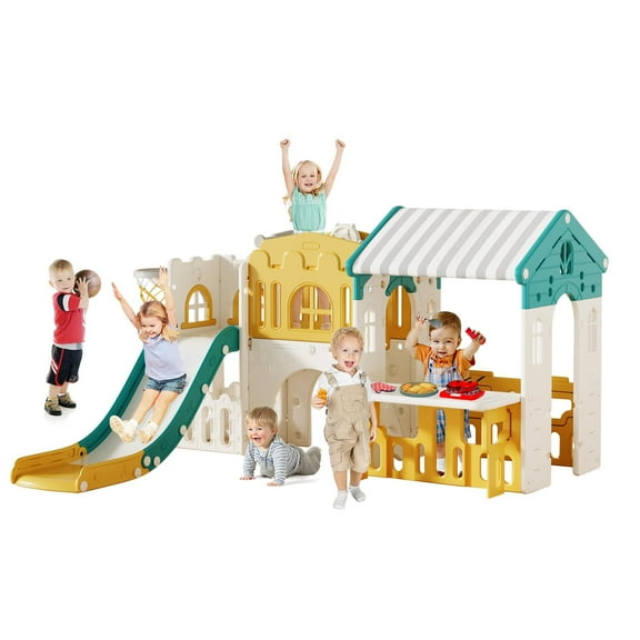Playground Playsets Outdoor Playhouse 10 IN 1 Toddler Slide with Rock Climber with basketball, hoop, storage, playroom Upgraded