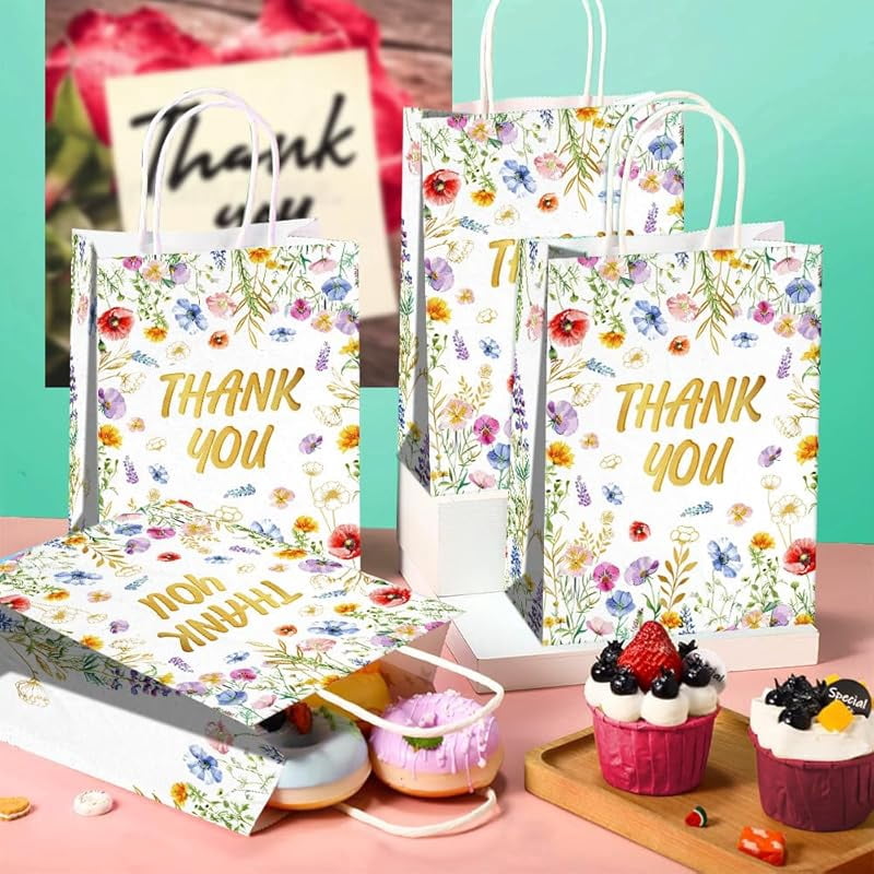 20 Pcs Thank You Party Favor Bags with Handles, Floral Design Thank You Gift Paper Bags for Birthday Baby Shower Wedding Party