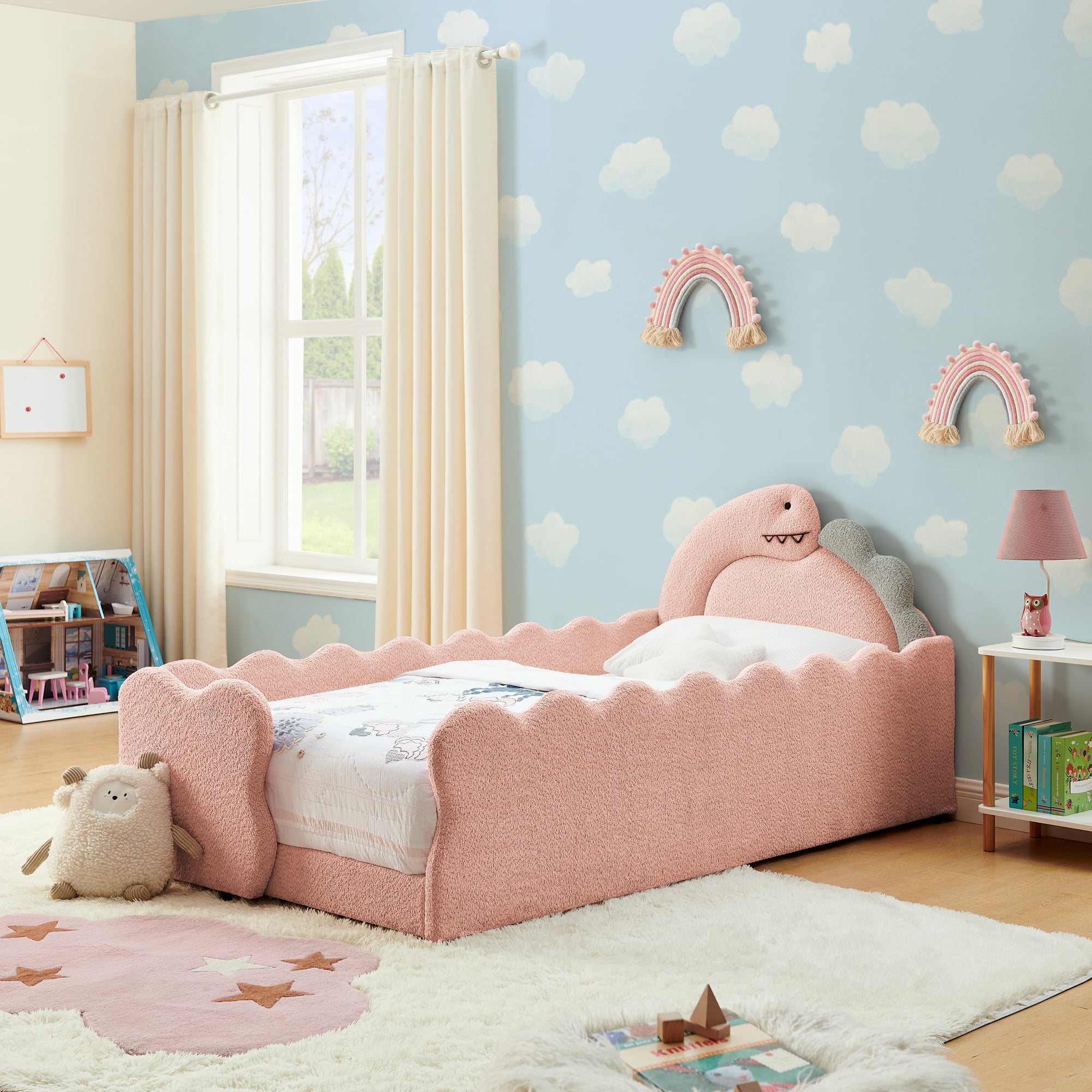 Avobird Twin Size Cute Dinosaur-Shaped Kids Bed with Safety Guardraild, Solid Wood Toddler Bed Frame for Children for Bedroom, Boucle Fabric, Pink