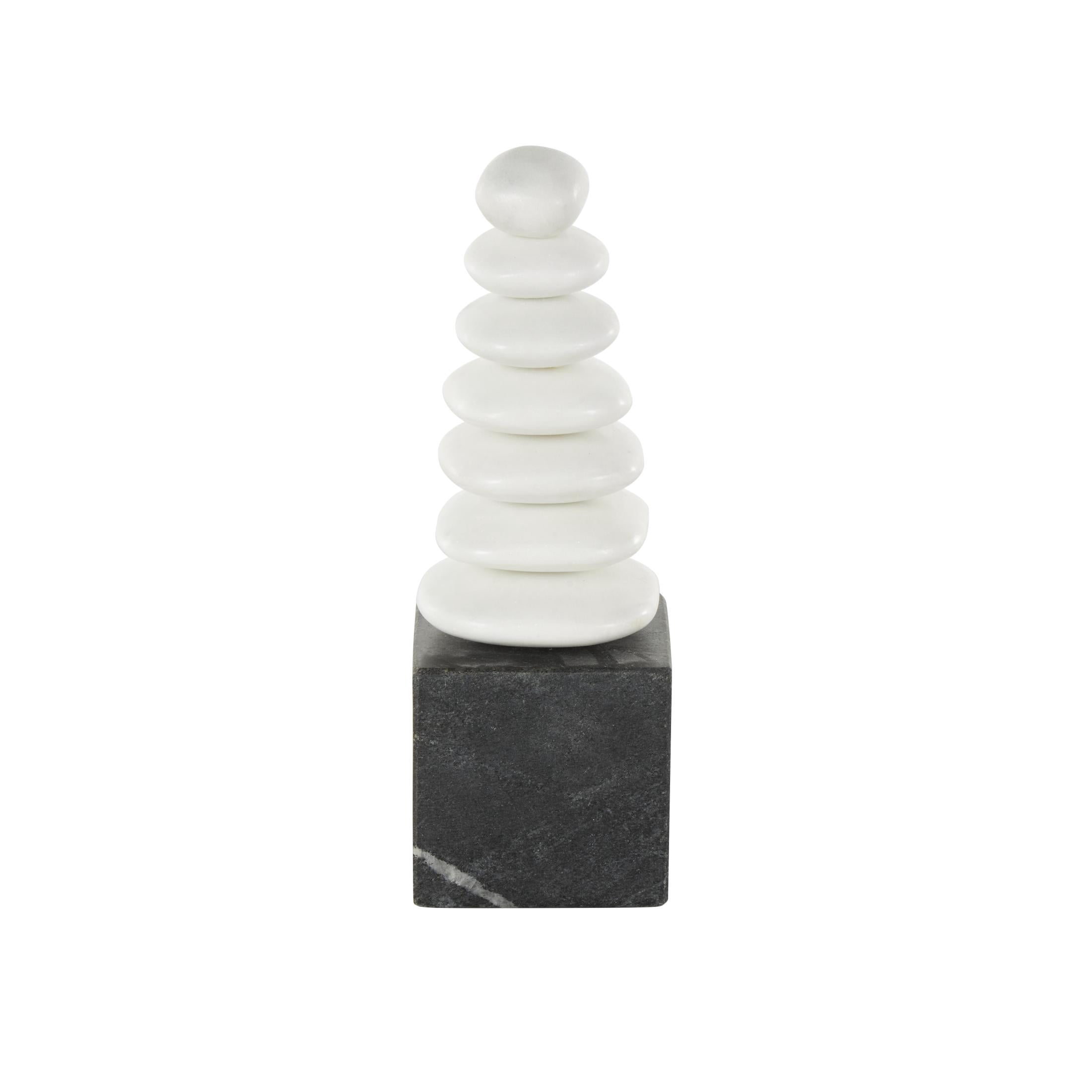 3" x 9" White Marble Stacked Stone Abstract Sculpture with Black Block Base, by DecMode
