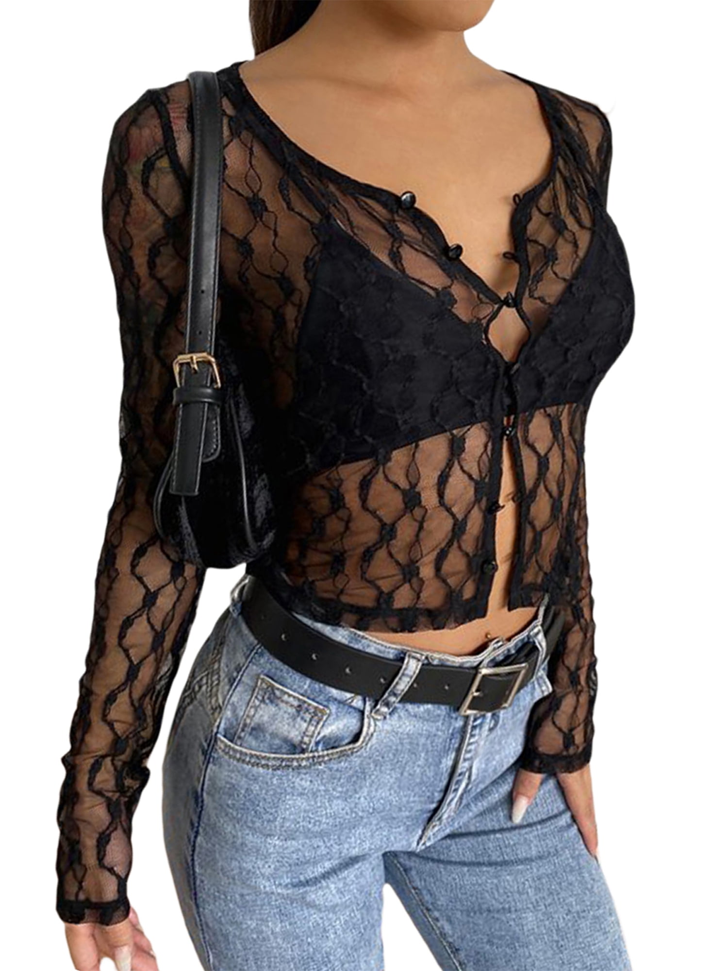 Gupgi Women Long Sleeve Crop Top Sheer 
