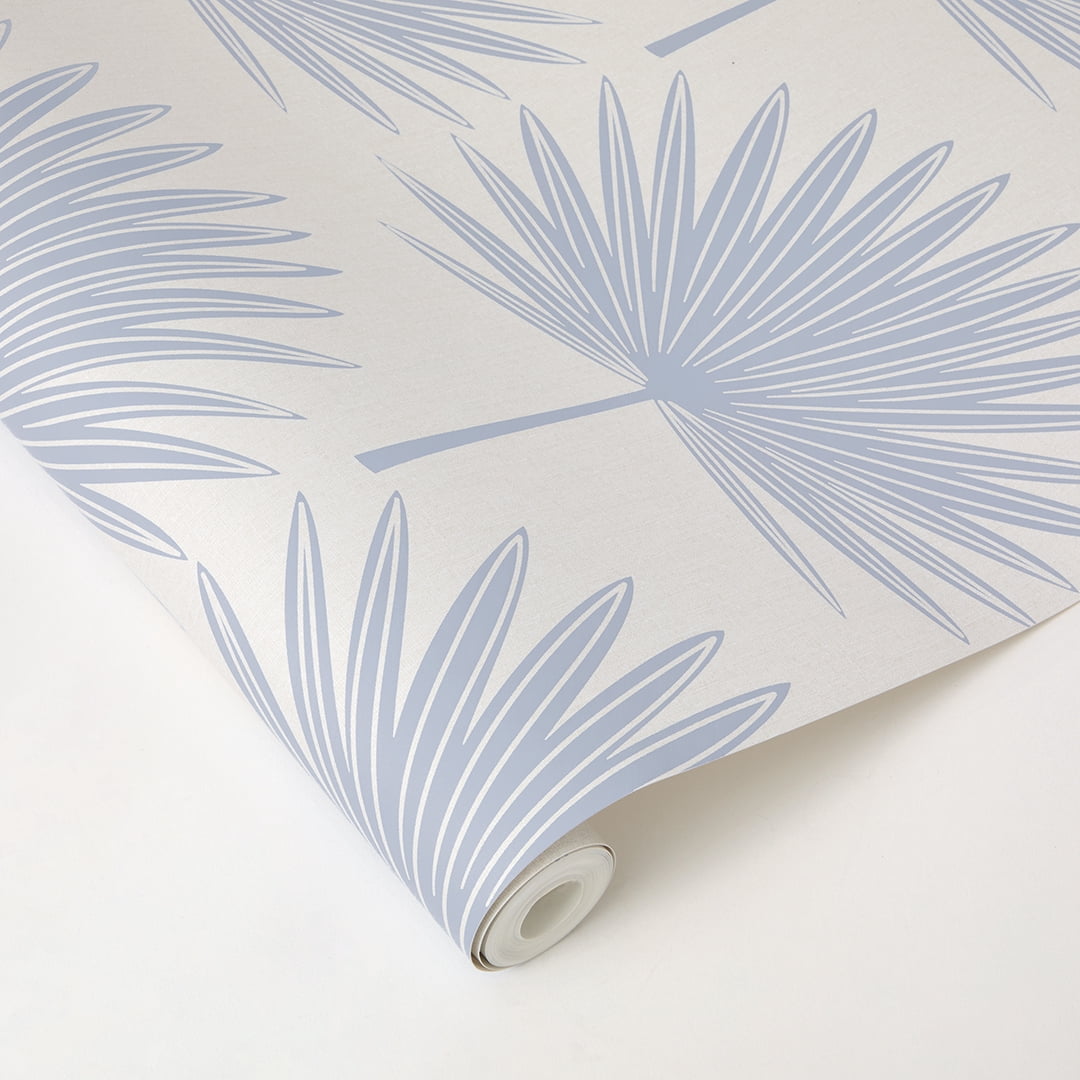 Stamped Palm Blue and Off-White Peel and Stick Wallpaper, 20.5" x 16.5'
