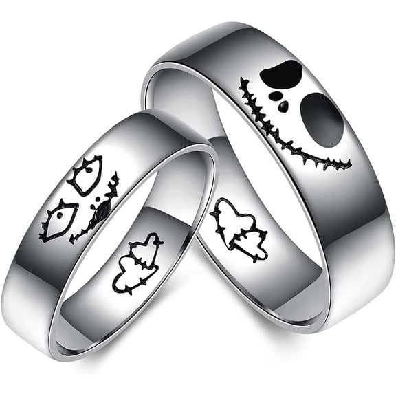 MAVLLY Jack and Sally Ring Titanium Steel Ring Nightmare Before Christmas Ring Gifts Jewelry Valentine Anniversary Birthday Gifts for Couple Women Men (1pcs）