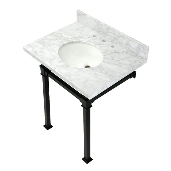Kingston Brass KVPB30MOQ0 Monarch 30" Carrara Marble Console Sink with Stainless Steel Legs (8-Inch, 3-Hole), Carrara Marble White/Matte Black