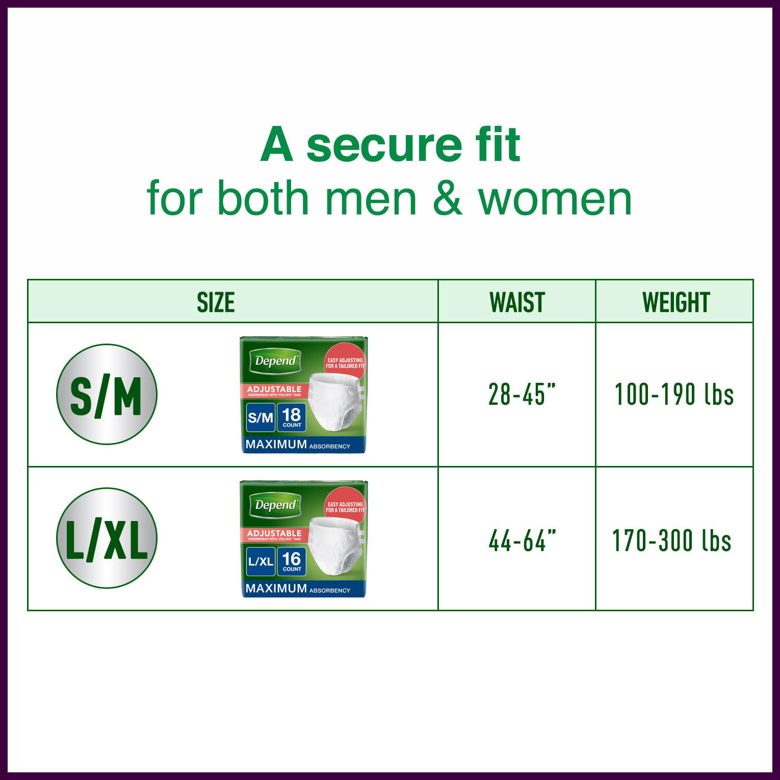 Depends For Women Size Chart