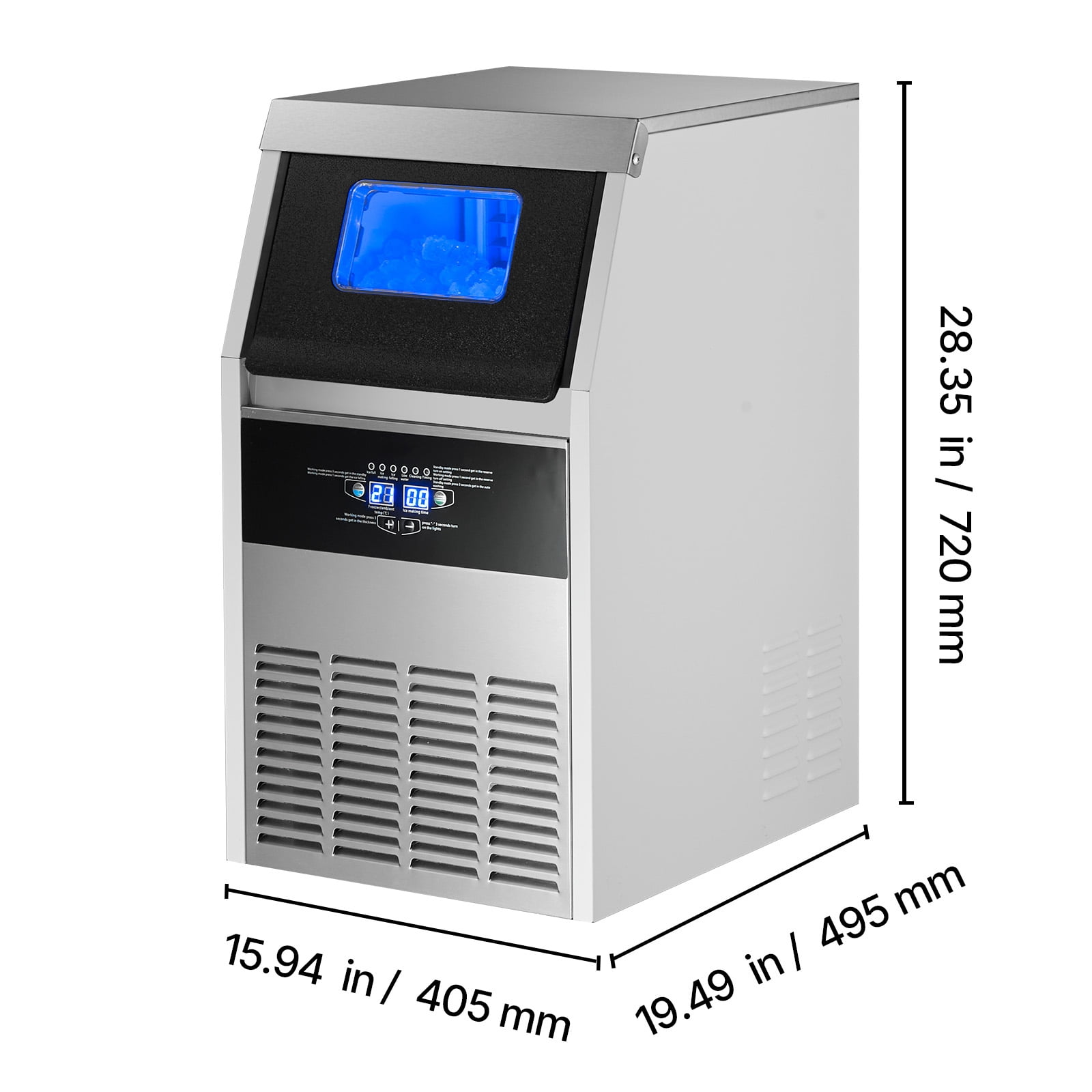 KFFKFF Commercial Ice Maker Machine, 150 lbs/24h Output with 30 lbs Storage, Built-in or Freestanding Design, Stainless Steel Ice Maker with LED Control Panel & Self-Cleaning Function, Ideal for Home