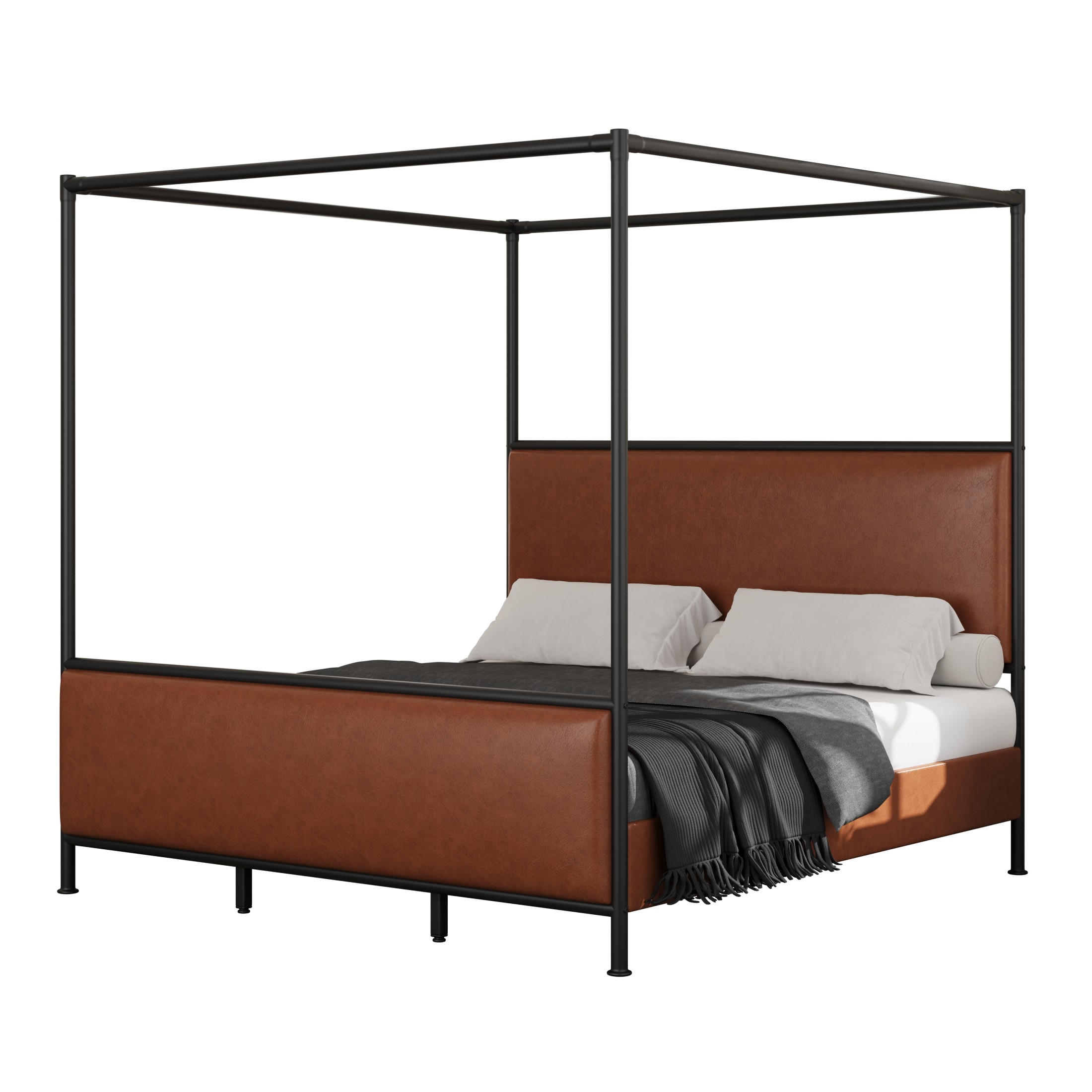 Christopher Knight Home King Size Canopy Bed Frame with PU Upholstered Headboard, Iron Frame, Brown+Black