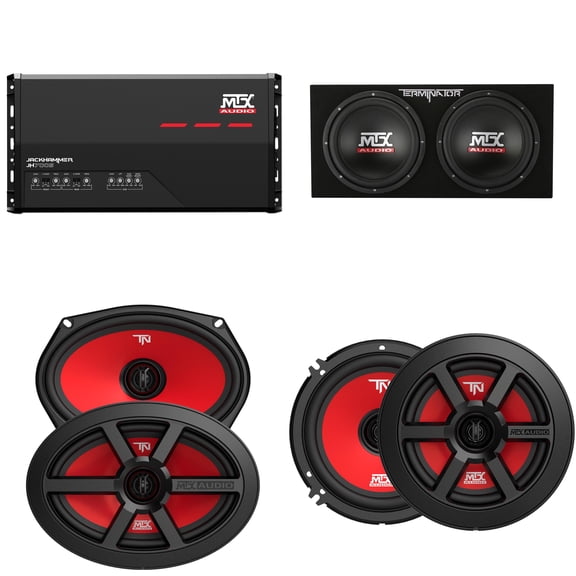 MTX Audio JH7005 Jackhammer 5 Ch. Amp, (2) TERMINATOR 6.5"& 6x9" Coaxial w/ TNE212D Dual 12" Loaded Enclosure Bundle