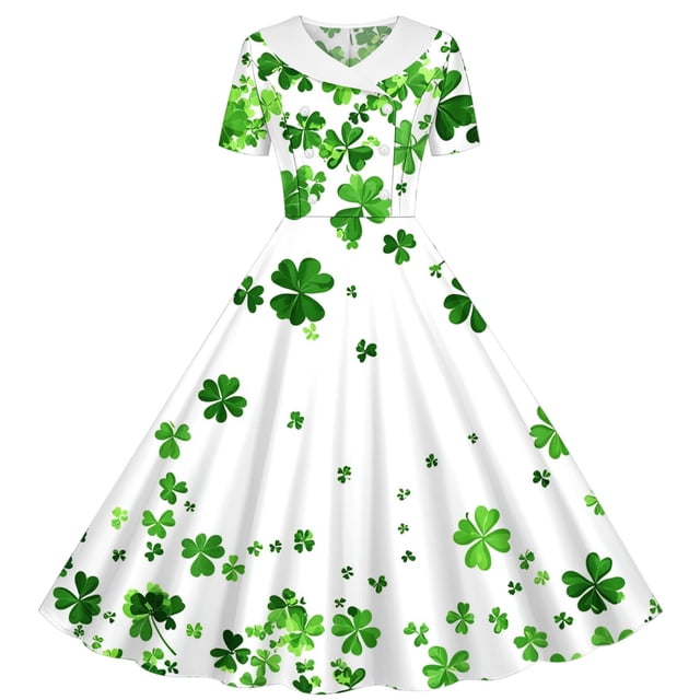 Vestido de manga corta con cuello en V, estampado del Día de San Patricio, para niñas, de manga corta, elástico, corte A, estilo patinador con volantes, para recital escolar, de manga corta, con cuell