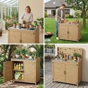 Lofka Outdoor Wooden Storage Cabinet with Potting Bench, Natural Wood Color, Weatherproof Garden Work Station, Patio Tool Shed for Backyard