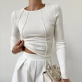 thumbnail image 4 of Camisas de Larga para Mujer, Corte Entallado, Cuello Redondo, Ropa de Otoño, Costuras Expuestas, Blusas Básicas Acanaladas. S, 4 of 7