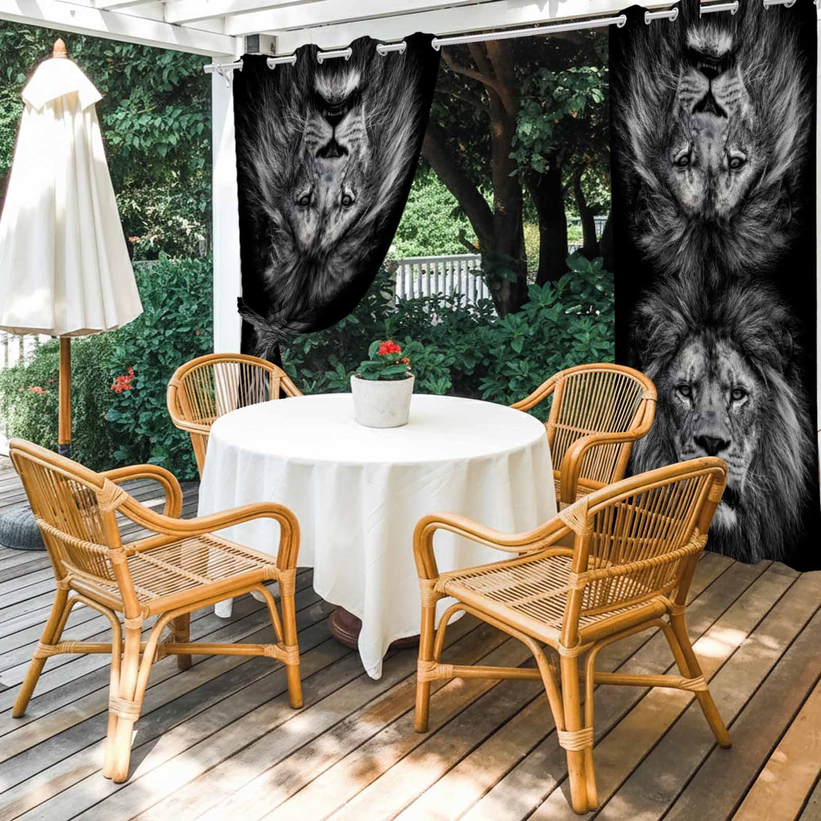 Lion Outdoor Curtains for Patio, Modern Minimalist Black White Powerful Wild Animal Lion Head Sunshade Privacy Drapes Grommet Waterproof Outside Curtains for Porch/Cabana/Balcony 54"x 108", 1 Panel
