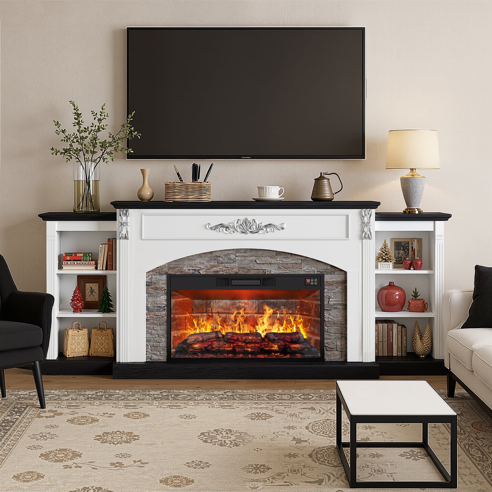 BOSHIRO 80" Electric Fireplace with Mantel and Cabinets, Fireplace TV Stand for Living Room Bedroom