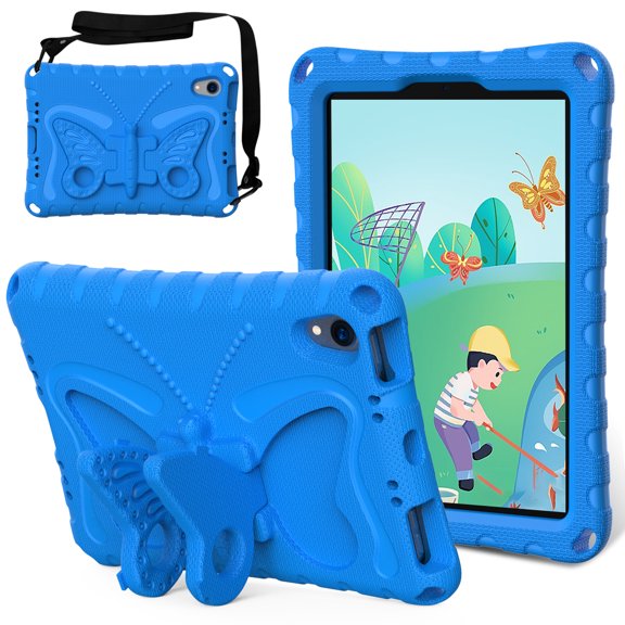 Dteck Kids Case for iPad mini A17 Pro 2024,iPad mini 6th Generation 8.3-inch 2021,Cute Butterfly EVA Case Kickstand Lightweight Cover with Shoulder Strap for iPad mini 7/mini 6,Blue