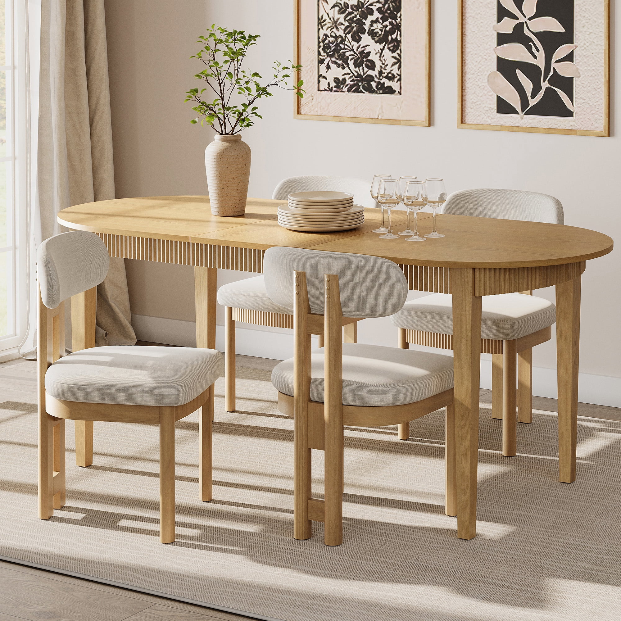 Mid-Century Modern Dining Chairs Set of 4,Polyester Linen Fabric Kitchen Chairs with Solid Wood Legs and Fluted Apron, Armless Side Chairs with Curved Backrest For Dining Room, Living Room