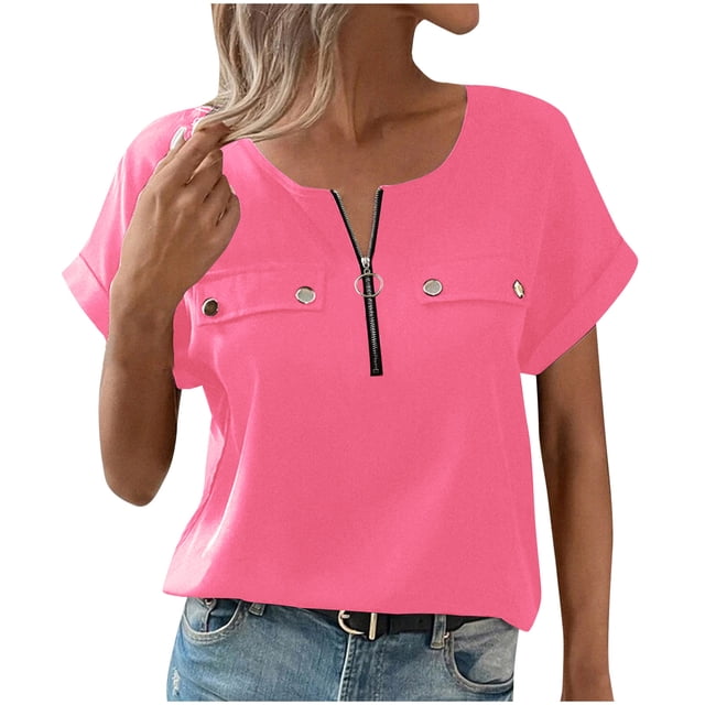 Tops de Manga Corta de las Mujeres Casual, de Gran Tamaño Sólido con Capucha de Cuello en V, Camiseta de Manga Corta