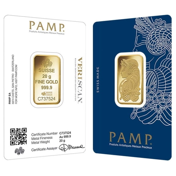 20 Gram Gold Bar PAMP Suisse Lady Fortuna Veriscan .9999 Fine (in Assay)