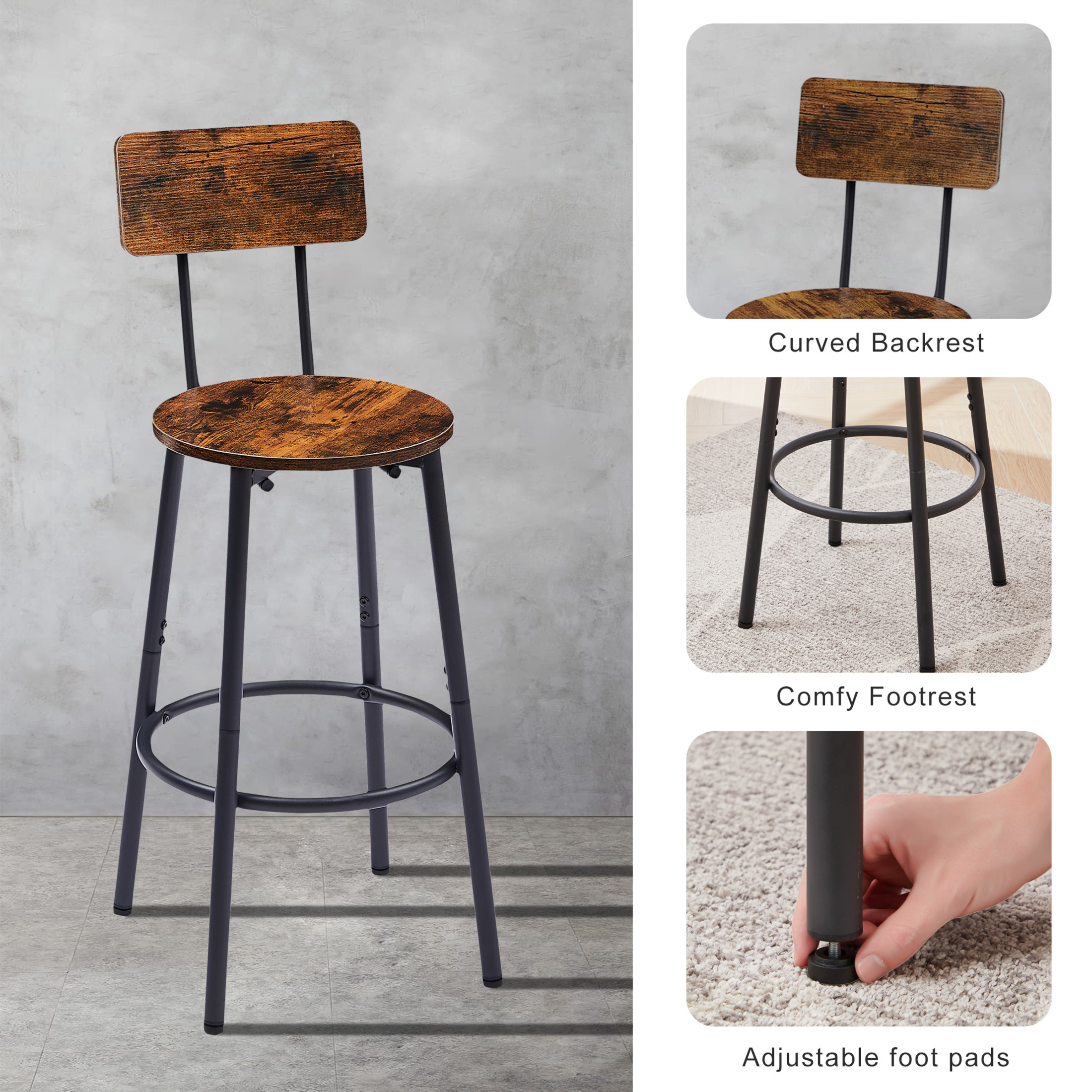 Noble House Round Bar Table with 2 Stools, Storage Shelf & Backrests, Steel Bar Set for Kitchen, Rustic Brown