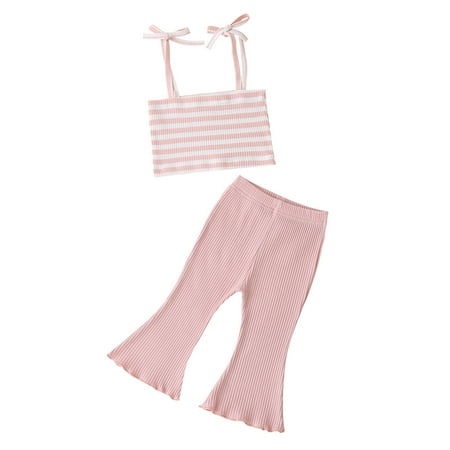 

DTBPRQ Newborn Toddler Baby Girls Summer Camisole Suit Clothes Sweet Flower Halter Tops and Solid Color Kid Trumpet Pants Outfits Set Rainbow Tops+Bell-Bottomed Pant Set