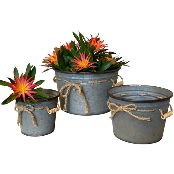 STC World S/3 Metal Galvanized Buckets Containers Decorative Distressed Rustic Kitchen Pantry Bathroom Garden Planter Organizer
