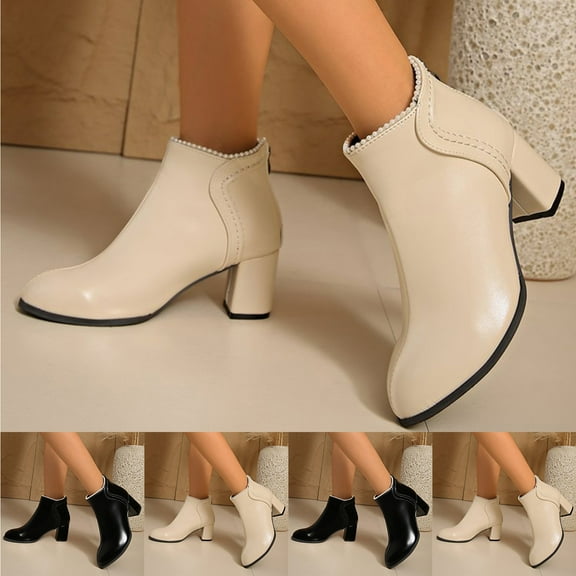 Fashion Women's Casual Short Boots Solid Color Square Toe Mid-Heel Comfortable Versatile for Fall Winter Outdoor Everyday Wear