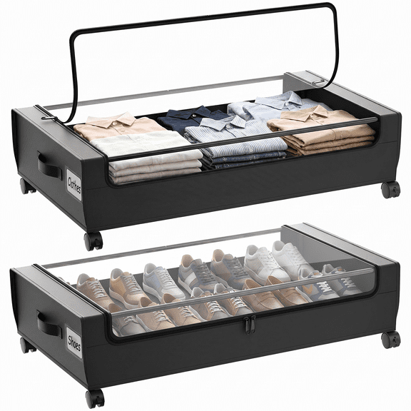2-Pack Under Bed Storage with Wheels, Black Under Bed Storage Containers, Underbed Shoe Storage Organizer, Rolling Under Bed Metal Drawers for Clothes, Blankets(31.5 x 17.3 x 6.8 in)