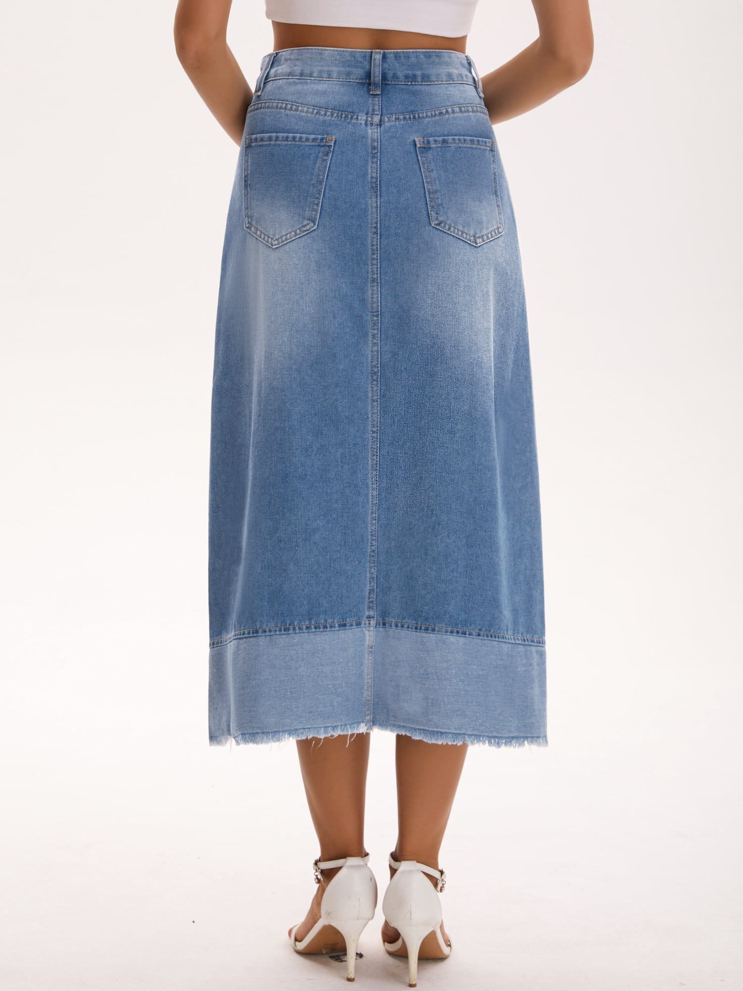 DARING DIVA Women's Denim Maxi Contrast Panel A Line Long Jean Skirts Small Light Blue