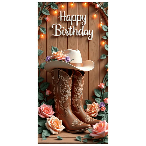 Floral Decor Banner Western Cowboy Wooden Background for Birthday Party Celebration Event