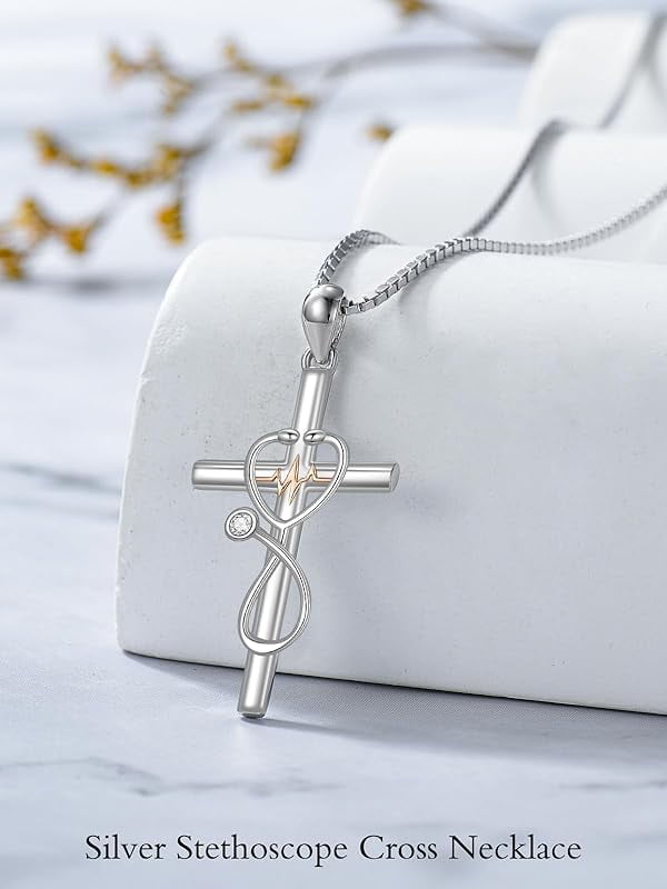 JKR White Diamond Gifts for Nurse 925 Sterling Silver Stethoscope Cross Necklace for Women Nurse Birthstone Jewelry Nursing Themed Medicine Nurses Day Gifts Doctor Medical Student RN
