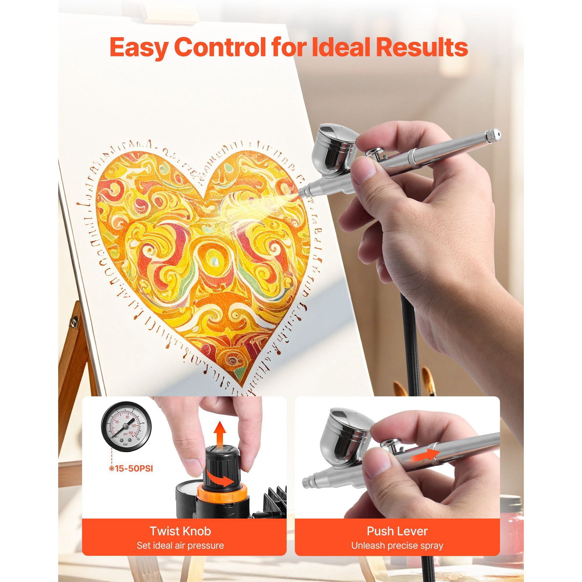 Airbrush Kit with Compressor, 1/6 HP, 3 Professional Dual-Action Airbrushes, Low Noise, for Cake Decorating, Nail Art, Model Painting, Includes Hose, Acrylic Paint, and Brush
