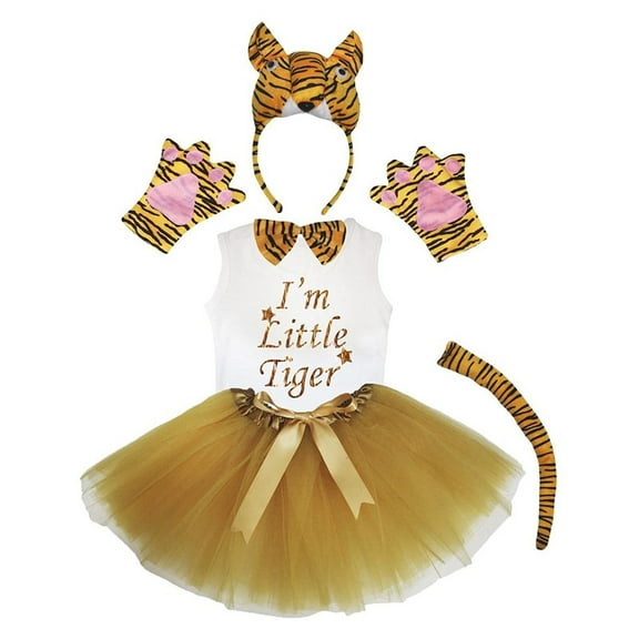 Petitebelle Tiger Headband Bowtie Tail Gloves Tutu Shirt 6pc Costume (Orange, 4-5 Years)