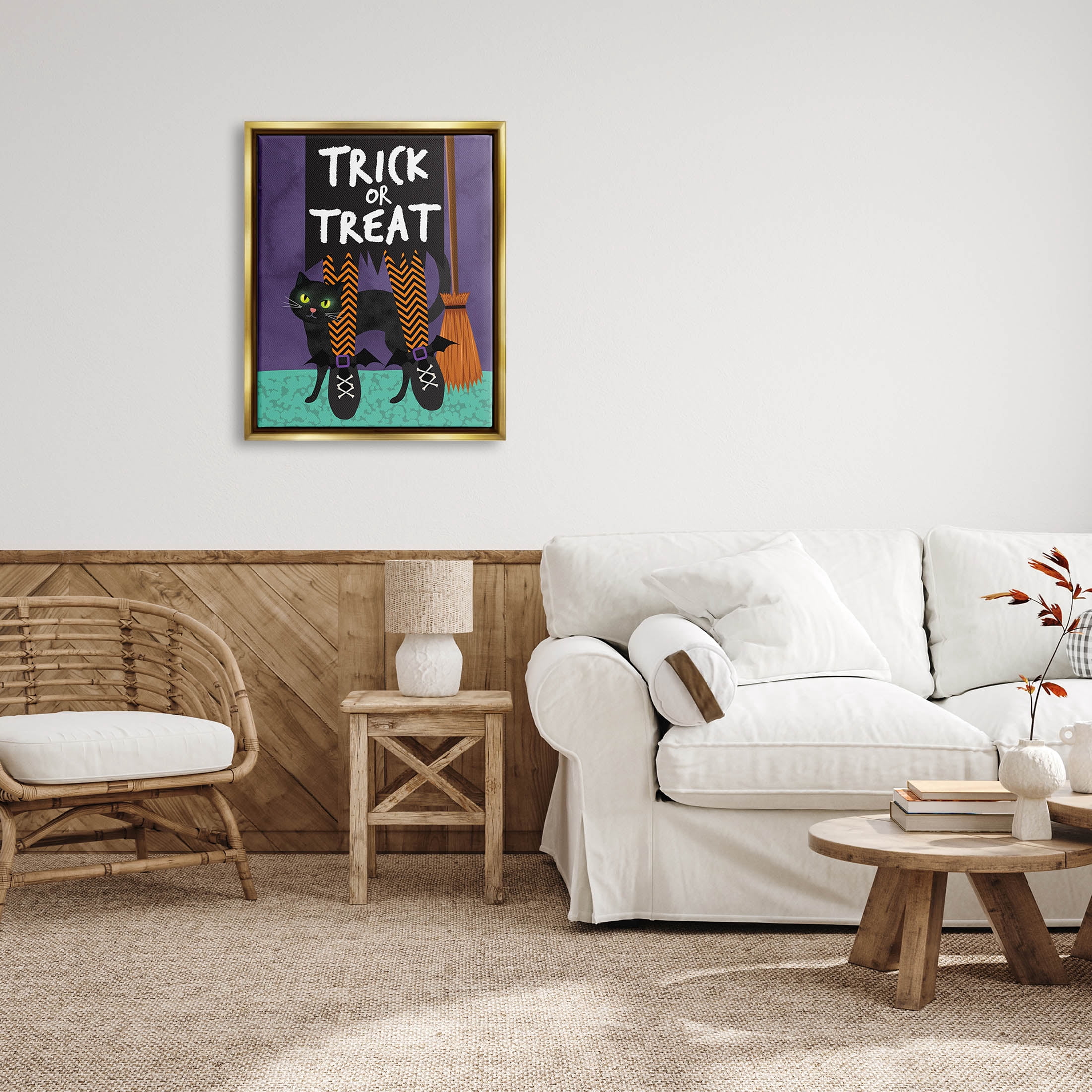 Stupell Industries Trick or Treat Cat & Witch Graphic Art Metallic Gold Floating Framed Canvas Print Wall Art, Design by Linda Birtel