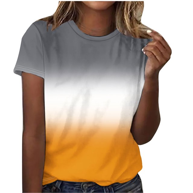 UPPADA T-Shirts d'Été Mignons pour Femmes, Tendance, à Imprimé Dégradé, T-Shirts, Chemises, Blouses Décontractées à Col Rond, Coupe Ample, Chemises Basiques, Blouses Jaune, TG