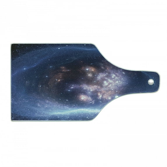 Outer Space Cutting Board, Outer Space Nebula Gas Cloud and Star Clusters Universe Cosmos Astronomy Art, Tempered Glass Cutting and Serving Board, Wine Bottle Shape, Navy Purple, by Ambesonne