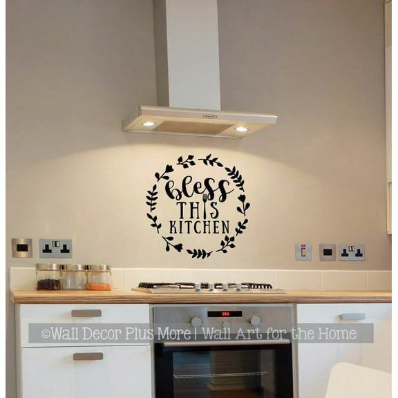 Wall Decals for Kitchen Bless This Kitchen Words in Circle Wreath Art - Dining Room Quotes - Family Kitchen Wall Art Decor - Home Decor Decal Sticker Saying 18x18- Inch Black