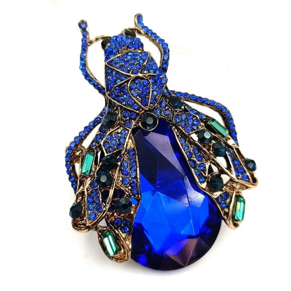 Fabulous Big Blue Fly Beetle Brooch Bug Pin Rhinestone Insect Jewelry