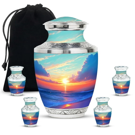 JAGASY Beach Burial Combo Urns Set, Green Keepsake Small Urns for Human Ashes, Ocean Sunset Orange Clouds Decorative Urn for Mother, Yellow Large Memorial Urn for Father, (1 Large, 10"; 4 Small, 3")