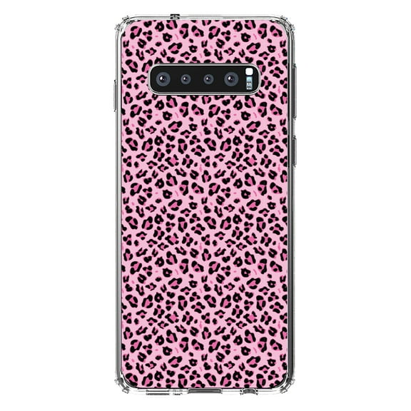 DistinctInk Clear Shockproof Hybrid Case for Samsung Galaxy S10  PLUS(6.4" Screen) - TPU Bumper, Acrylic Back, Tempered Glass Screen Protector - Black Pink Leopard Skin Spots