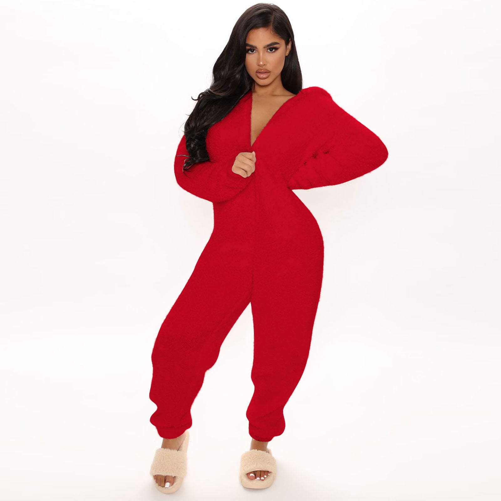 Uaswgudfs Womens Fleece Onesies Pajamas Jumpsuit Warm Romper Sleepwear One Piece Zipper Hooded Playsuit Loungewear Red 2XL