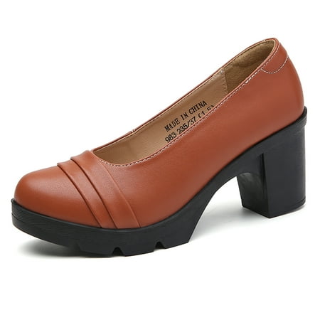 

DADAWEN Women s Mary Janes Platform Pumps Mid-Heel Round Toe Slip-on Uniform Oxfords Dress Shoes Brown 8 US