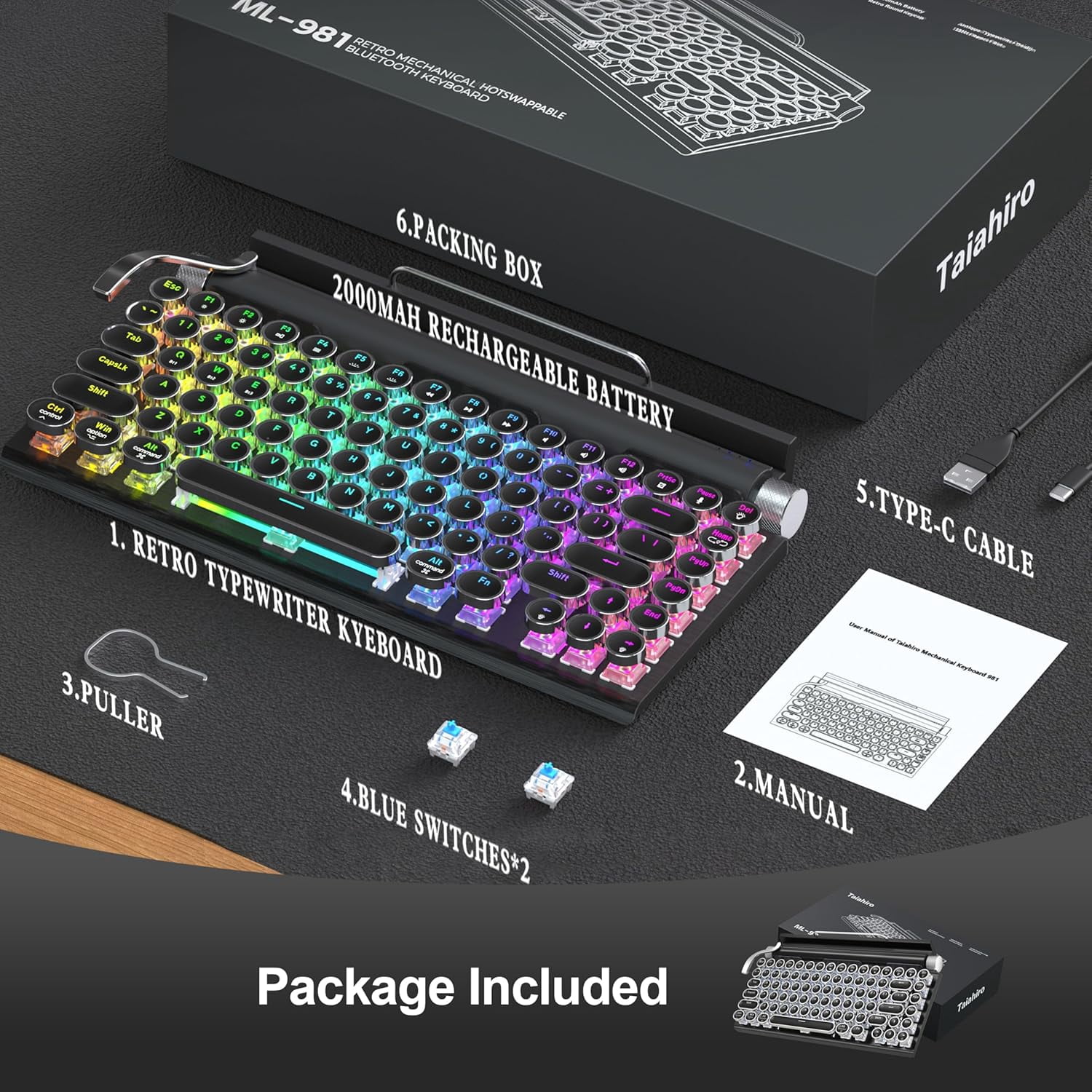 Retro Typewriter Wireless Mechanical Gaming Keyboard, Bluetooth 5.0 Office Computer Vintage Keyboards 83-Key Blue Switches Punk Round Keycap, LED Backlight, Compatible with PC/Laptop/Pad/Phone, White