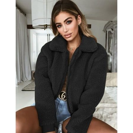 Bear Fleece Jacket Oversized Teddy Bear Lapel Coat Ladies Faux Fur Borg Zip Womens Outerwear Jacket Fleece Coat ()