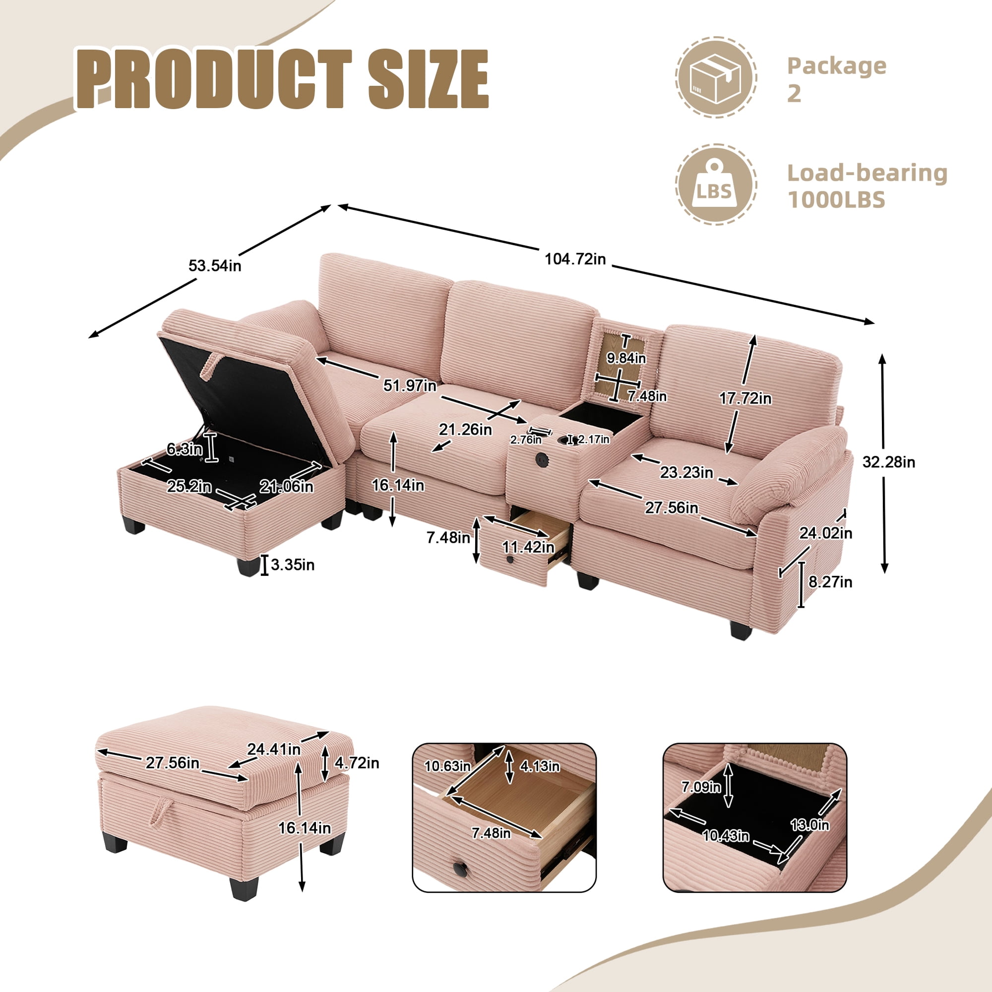 MOONMISS Corduroy Upholstered L-Shaped 4-seater Storage Multifunctional Sectional Sofa with Storage Ottoman-Pink