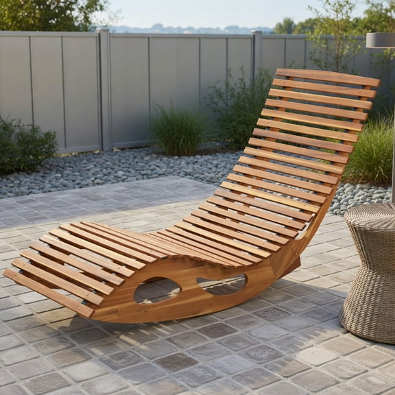 Topcobe Acacia Wood Patio Rocking Sun Lounger Chaise Lounge with Ergonomic Curved Seat, Modern Outdoor Furniture for Patio Backyard, Garden