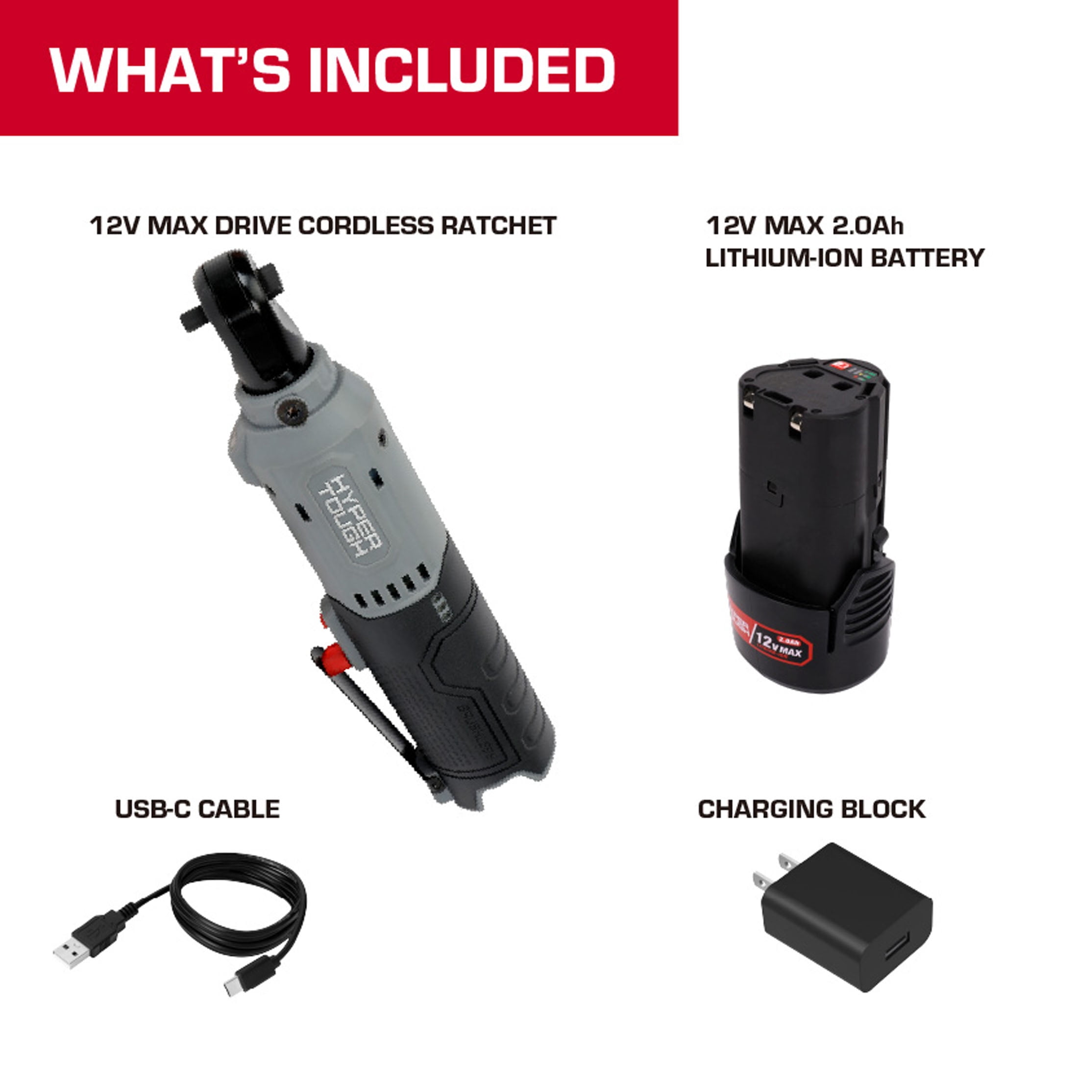 Hyper Tough 12V Brushless 1/4-inch Cordless Ratchet with 2.0Ah Battery