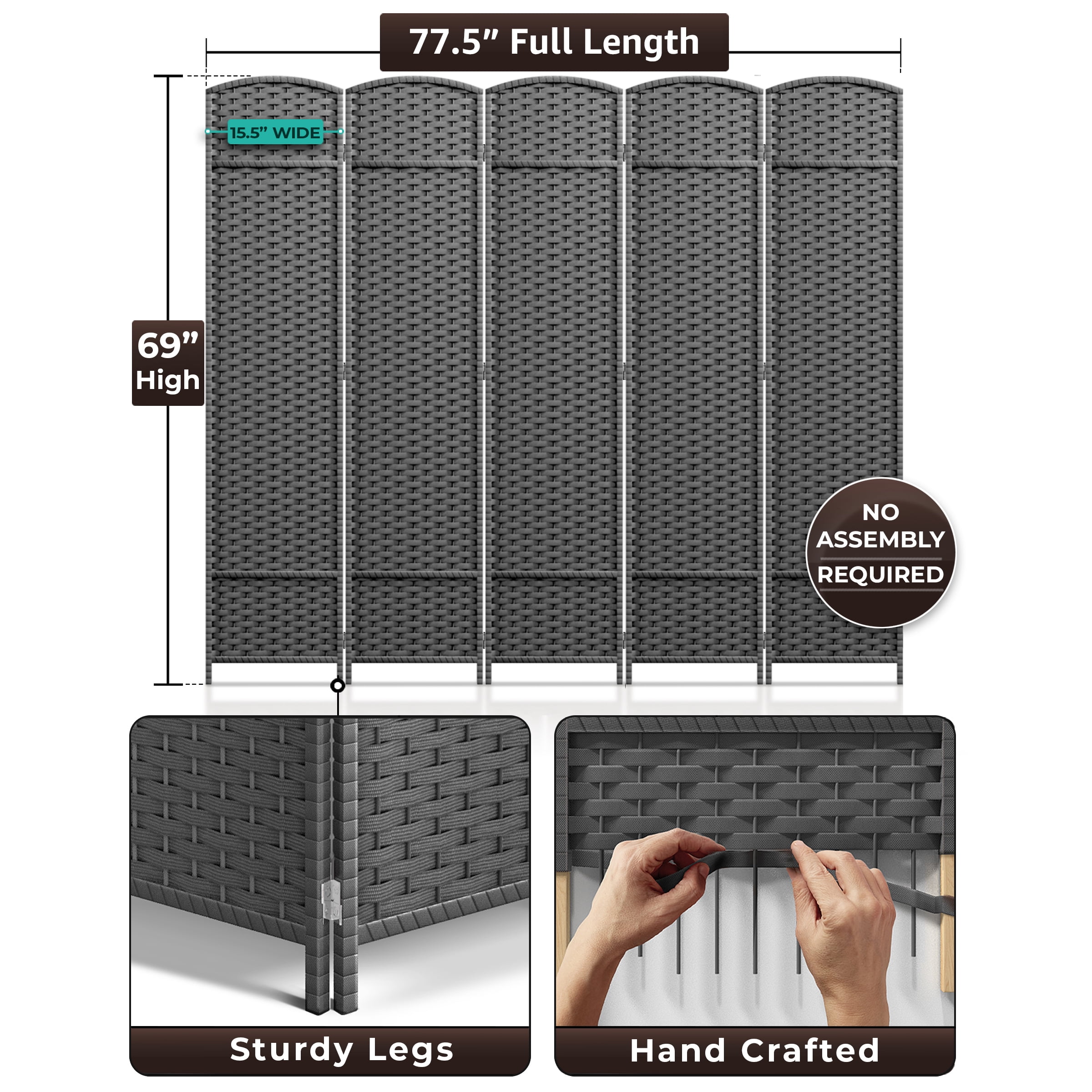 Sorbus 5-Panel Wide Folding Room Divider Privacy Screen, Hand-Woven Gray Mesh