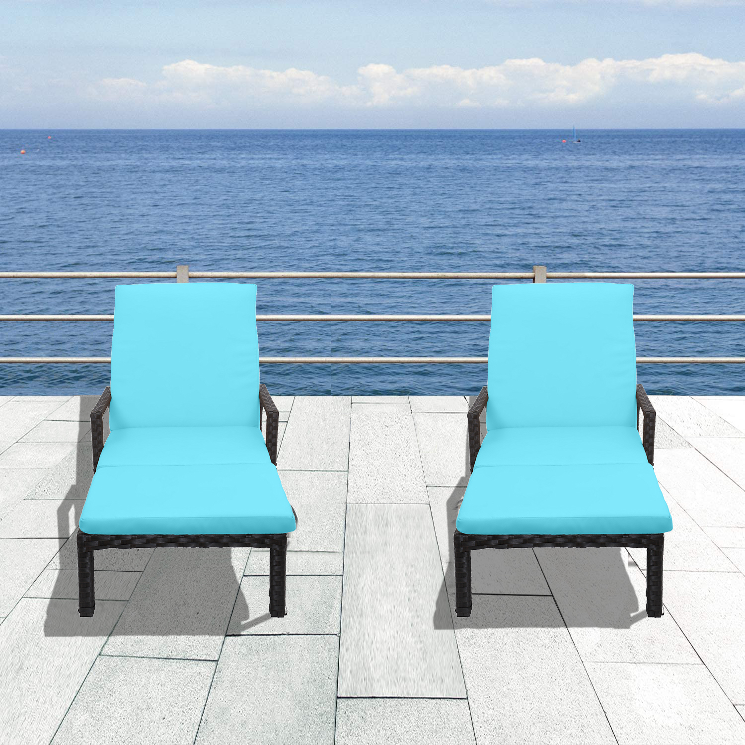 Outdoor Lounge Chair Set of 2, BTMWAY Adjustable Wicker Chaise Lounges for Patio, Outdoor PE Rattan Chaise Lounge Chairs with Blue Cushion and Wheels, Patio Furniture Recliner for Poolside Deck - image 3 of 14
